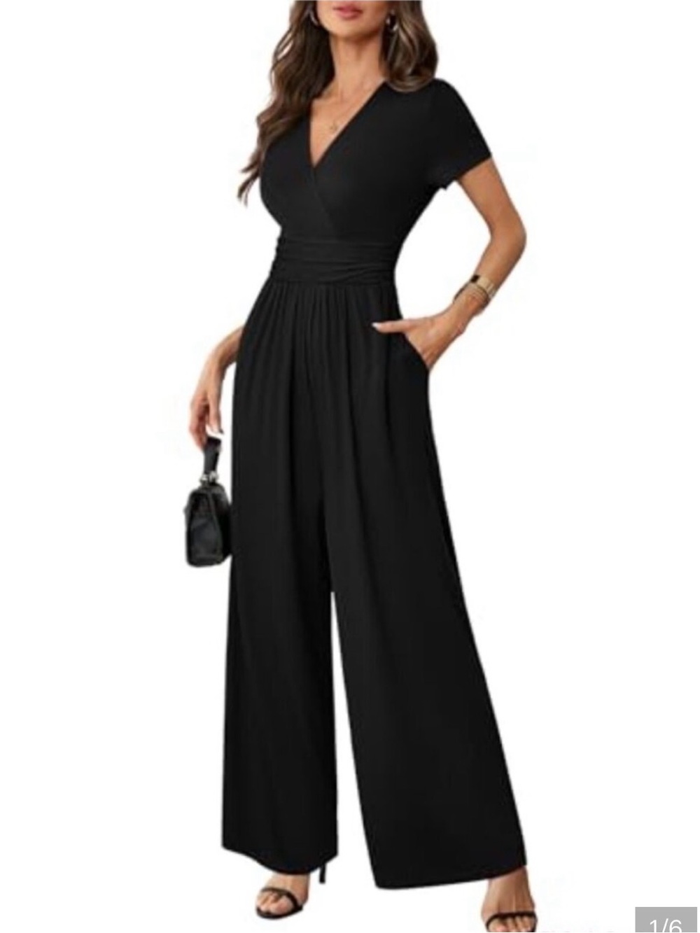 Neiman Marcus Black V-Neck Wide-Leg Jumpsuit